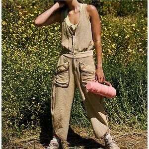 Free People Movement Timko Onesie Overall Matcha Tan Barrel Leg Boho Size Large
